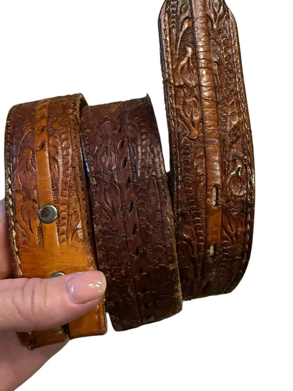 Vintage Hand Tooled Brown Leather Belt Western Style Mens Size 32 NO BUCKLE